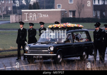 Newry RUC Corry Square police Station in Catherine Street  attacked by the Provisional IRA using homemade Mortar Bomb. Nine RUC officers, seven men and two women. 28 Feb 1985 These photographs were taken the day after the attack and at the funerals some days later. Wikipedia below: On 28 February 1985, the Provisional Irish Republican Army (IRA) launched a heavy mortar attack on the Royal Ulster Constabulary (RUC) base at Corry Square in Newry, Northern Ireland. The attack killed nine RUC officers and injured almost 40 others; the highest death toll ever suffered by the RUC.The attack was join Stock Photo