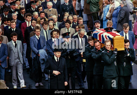 Newry RUC Corry Square police Station in Catherine Street  attacked by the Provisional IRA using homemade Mortar Bomb. Nine RUC officers, seven men and two women. 28 Feb 1985 These photographs were taken the day after the attack and at the funerals some days later. Wikipedia below: On 28 February 1985, the Provisional Irish Republican Army (IRA) launched a heavy mortar attack on the Royal Ulster Constabulary (RUC) base at Corry Square in Newry, Northern Ireland. The attack killed nine RUC officers and injured almost 40 others; the highest death toll ever suffered by the RUC.The attack was join Stock Photo