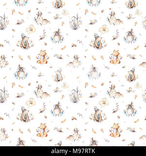 Baby animals nursery isolated seamless pattern with bannies. Watercolor boho cute baby fox, deer animal rabbit and bear isolated illustration for chil Stock Photo