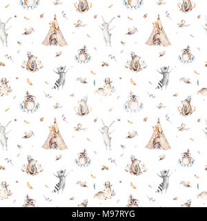 Baby animals nursery isolated seamless pattern with bannies. Watercolor boho cute baby fox, deer animal rabbit and bear isolated illustration for chil Stock Photo