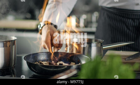 Professional Chef Cooks Flambe Style. He Prepares Dish in a Pan with Open Flames.He Works in a Modern Kitchen with Different Ingredients Lying Around. Stock Photo