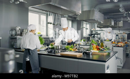 Big and Glamorous Restaurant Busy Kitchen, Chefs and Cooks Working on their Dishes. Stock Photo