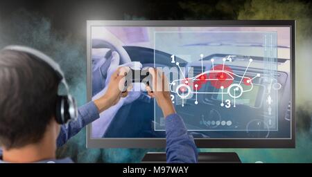 Hands holding gaming controller  with car game on television Stock Photo