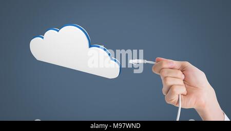 Hand holding wire connection with cloud Stock Photo
