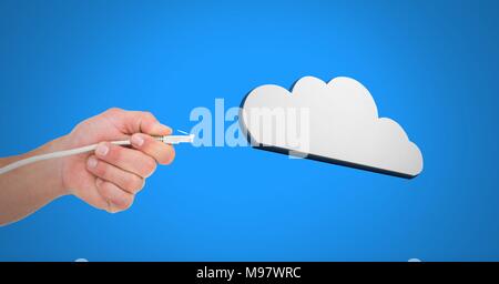 Hand holding wire connection with cloud Stock Photo