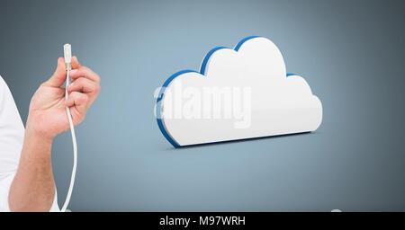 Hand holding wire connection with cloud Stock Photo