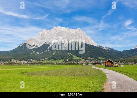 Austria, Tyrol, Lermoos, Ehrwalder Becken, View to Ehrwald and Zugspitze Stock Photo