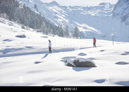 Austria, Tyrol, Luesens, Sellrain, two cross-country skiers in snow-covered landscape Stock Photo