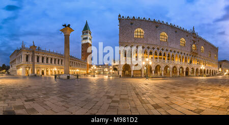 Italy, Veneto, Venice, panoramic view of St Mark's Square, Campanile di San Marco and Doge's Palace, early morning Stock Photo