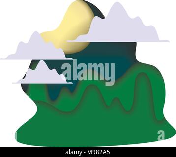 sun behind clouds over the green hills, papercut vector illustration Stock Vector