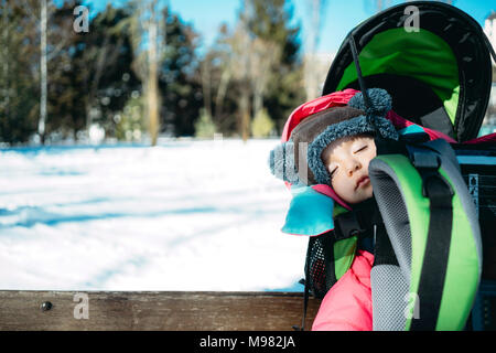 France, Osseja, cute baby girl sleeping in a kid carrier backpack on a bench in a snowy park Stock Photo