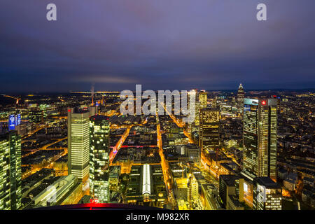 Germany, Frankfurt, View from Maintower to financial district, blue hour Stock Photo