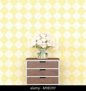 Bunch of flowers on chest of drawers in front of checkered pattern wallpaper, 3d rendering Stock Photo
