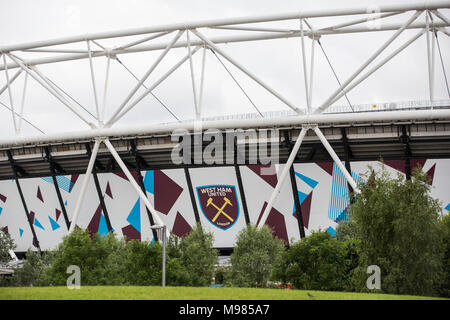 London, UK. 12th June, 2017. Cladding in the colours of West Ham United around the London Stadium in the Olympic Park. Stock Photo