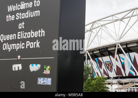 London, UK. 12th June, 2017. Cladding in the colours of West Ham United around the London Stadium in the Olympic Park. Stock Photo