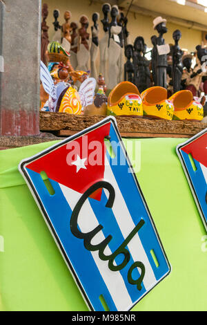 Traditional handcrafted vehicle registration plates like souvenirs for sale in Cienfuegos, Cuba. Stock Photo