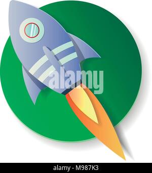 Paper art carving the rocket flying in space. Concept business idea, startup, exploration. Vector illustration in modern papercut style. Stock Vector