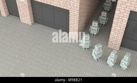 Group of robots walking through passageway in a row, 3d rendering Stock Photo