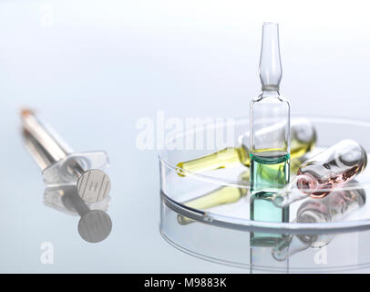 Ampullae in petri dish, syringe Stock Photo