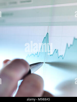 Hand of a stock broker analysing line graph on computer screen Stock Photo