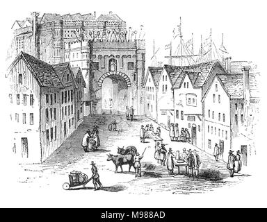 The castellated entrance to the 'Old' London Bridge  (1209–1831) over the River Thames on the Southwark side.  King Henry II commissioned a new stone bridge in place of the old, with a chapel at its centre dedicated to Becket as martyr.   Building work began in 1176  and was finished by 1209 during the reign of King John; it took 33 years to complete. City of London, England