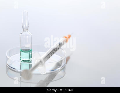 Ampullae in petri dish, syringe Stock Photo