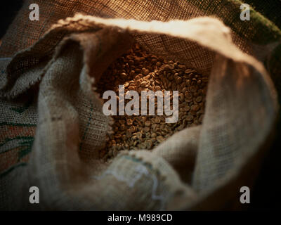 Roasted coffee beans in a gunny bag Stock Photo