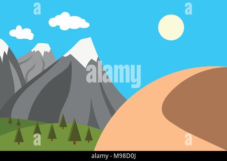 vector illustration of mountains with snow and a mountain in the desert, climate change concept Stock Vector