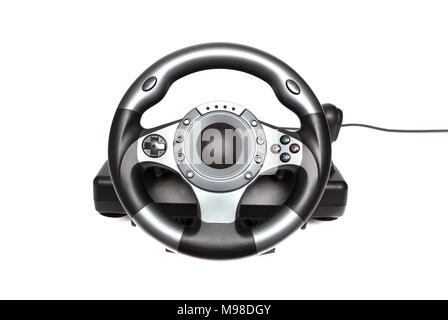 Computer gaming steering wheel. Game played on the computer. Isolated on white background Stock Photo