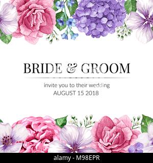 Wedding Invitation card with seamless flower border in watercolor style on white background. Template for greeting card. Stock Vector