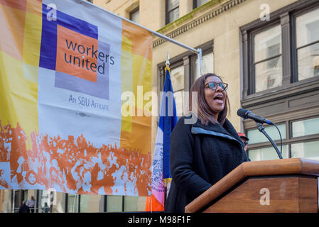 New York City Public Advocate Letitia James. - Workers, labor leaders, elected officials, and students gathered in the heart of Greenwich Village today to join families of Triangle Shirtwaist Factory fire victims on March 23, 2018; to commemorate 107th anniversary of tragic blaze and recommitting to fight for workplace safety for all workers. The names of the workers who perished during the blaze were read aloud, and flowers were laid at a makeshift memorial as while a bell tolled, rung by the Fire Department of New York. (Photo by Erik McGregor/Pacific Press) Stock Photo