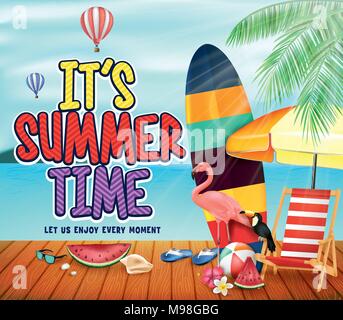 It's Summer Time Wooden Pier View at The Beach with Hot Air Balloons, Flamingo, Toucan, Watermelon, Bench, Umbrella, Surfboard, Seashell, Sunglasses Stock Vector