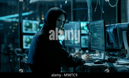 Masked Hacktivist Organizes Massive Data Breach Attack on Corporate Servers. He is in Underground Secret Location Surrounded by Displays and Cables. Stock Photo