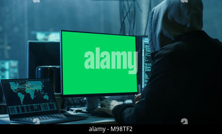 Download Shot Of Teenage Hacker Working With Green Screen Mock Up Display Infecting Servers And Infrastructure With Malware His Hideout Is Dark Neon Lit Stock Photo Alamy