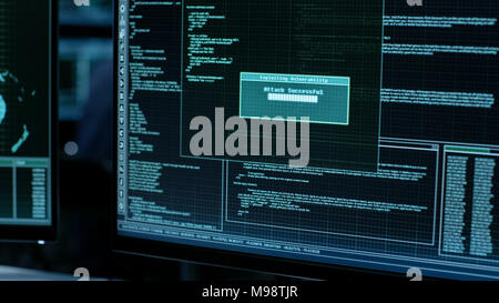 Display Showing Stages of Hacking in Progress: Exploiting Vulnerability, Executing and Granted Access. Stock Photo