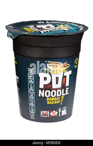 A Bombay Bad Boy seriously hot Indian curry flavour Pot Noodle isolated on a white background Stock Photo