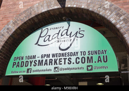Sign at entrance to Sydney's Paddy's Haymarket, Haymarket, Sydney, New South Wales, Australia Stock Photo