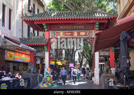 Paifang gate to Chinatown, Dixon Street, Haymarket, Sydney, New South Wales, Australia Stock Photo