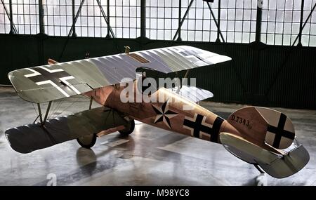 Airworthy Albatross DVa replica first world war fighter aircraft in hanger setting at the RAF museum January 2015 WW1 exhibition Stock Photo