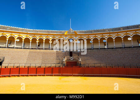 Seville, Spain - November 19,2016: Bullfight arena, plaza de toros at Sevilla.During the annual Seville Fair in Seville, it is the site of one of the  Stock Photo