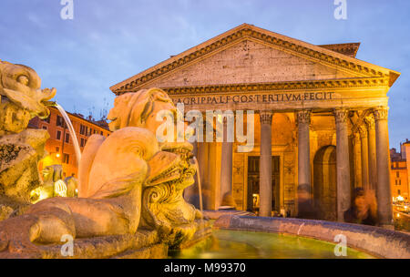 Ancient Roman temple the Pantheon now a church with Fontana del Pantheon at dusk, Rome, Lazio, Italy. Stock Photo