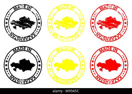 Made in Kazakhstan - rubber stamp - vector, Kazakhstan map pattern - black, yellow and red Stock Vector