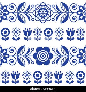Folk art seamless vector pattern with flowers, navy blue floral repetitive design - Scandinavian style Stock Vector