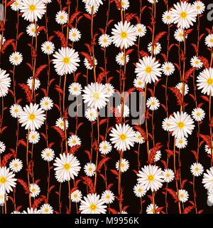 Seamless pattern from field chamomiles from the red forest. Night Stock Vector