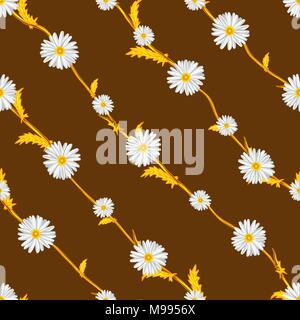 Seamless pattern from field chamomiles on golden stems diagonally Stock Vector