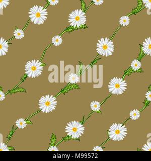 Seamless pattern from field chamomiles on stems diagonally. Flowers, stems and background are separated Stock Vector