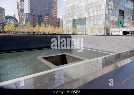 NEW YORK, USA - AUGUST 30, 2017: Detail of World trade center memorial in New York. It is a memorial and museum commemorating the September 11, 2001 a Stock Photo