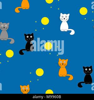 Funny cartoon cats at night. Vector seamless illustration for kids. Stock Vector