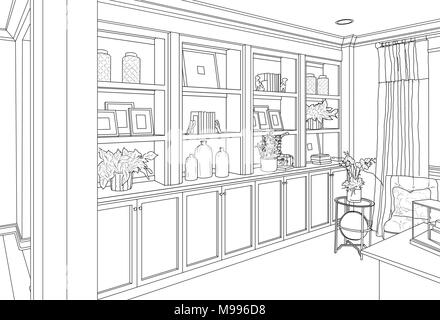 Detailed Drawing of Custom Living Room Built-in Shelves and Cabinets. Stock Photo