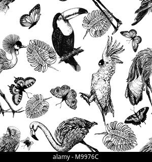 Seamless pattern of hand drawn sketch style exotic birds, plants and butterflies isolated on white background. Vector illustration. Stock Vector